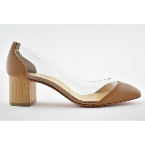 Christian Louboutin Grandola 55 Brown Leather PVC Block Heel Sandal Pump 37.5 - Picture 2 of 12